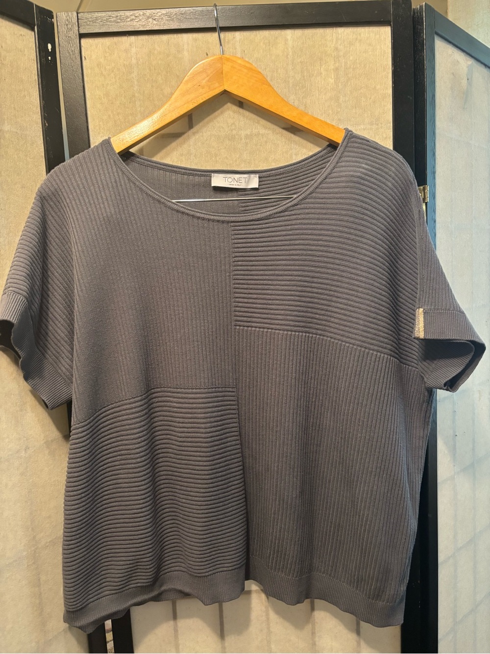 TONET Italian Luxury Ribbed Patchwork Short Sleeve Knit Top | Made in Italy